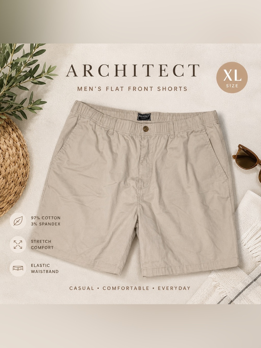 Architect Men’s Tan Elastic Waist Flat Front Casual Shorts XL